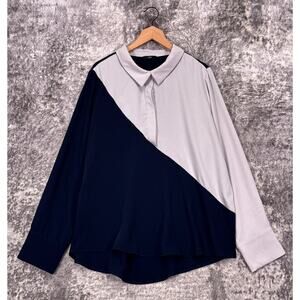 RUTI Tunic Top 5 Womens Blue & Gray Color Block Collared Long Sleeve